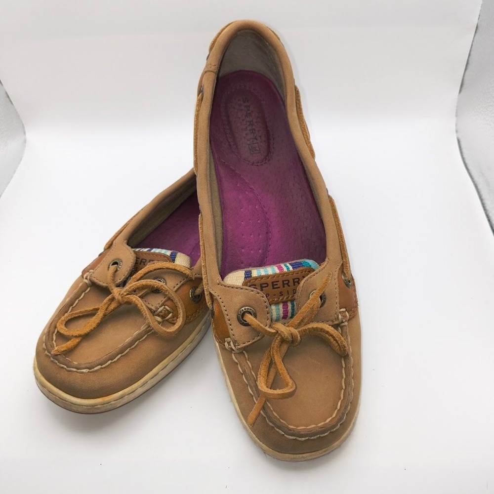 Sperry Boat Shoes Womens 7M Tan Leather Striped Accent Top-Sider Loafers